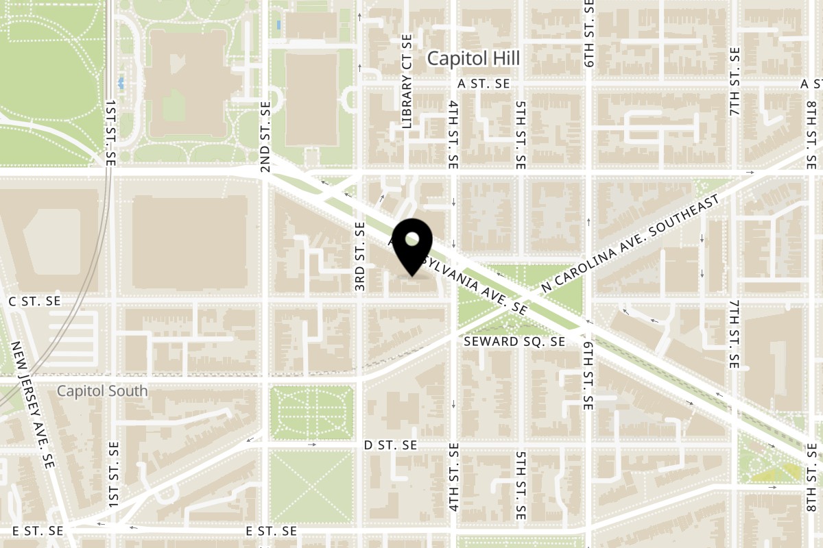Map showing the location of Hawk N Dove on 329 Pennsylvania Ave. SE in Washington